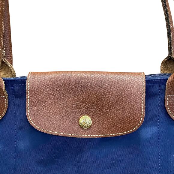 Longchamp Le Pliage Navy Blue Nylon Brown Leather Strap Tote Bag Handbag OS - Picture 6 of 7